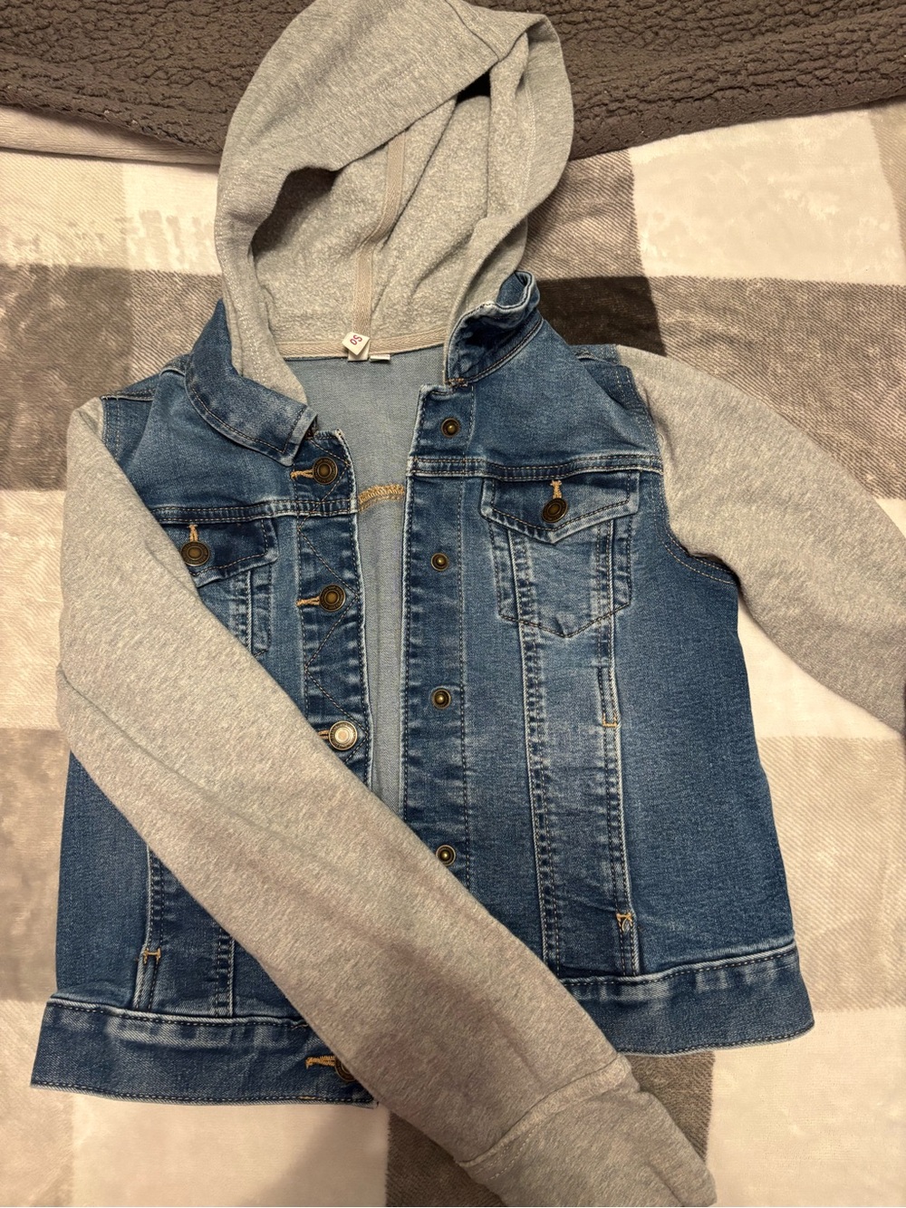 Kids Denim Jacket with Gray Hooded Sleeves - Comfortable Layering